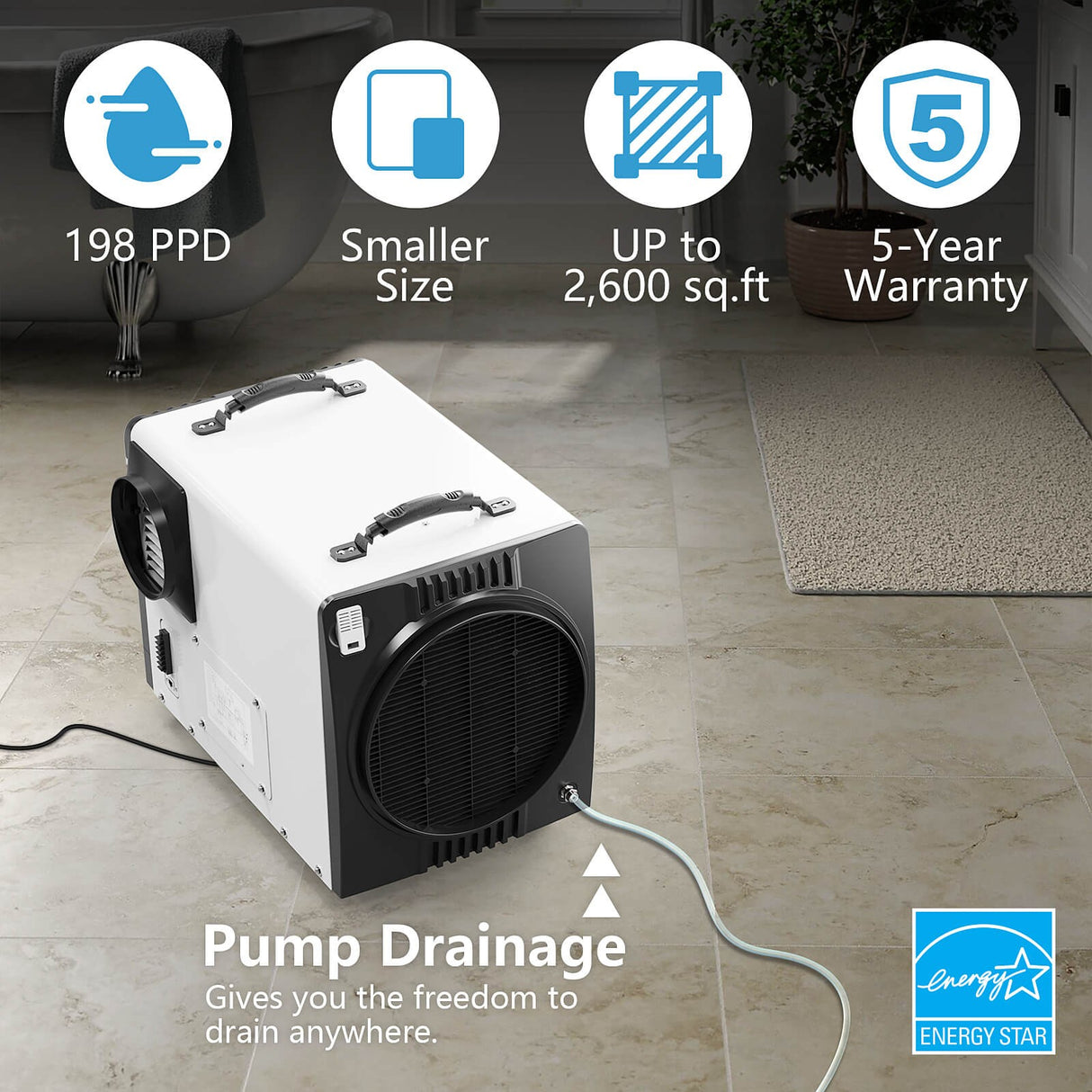 AlorAir Sentinel Energy Star 90 Pint at AHAM Dehumidifier for Crawl Spaces, Basements, or Water Damage Up to 2,600 Sq. Ft. Ducted - Drainage