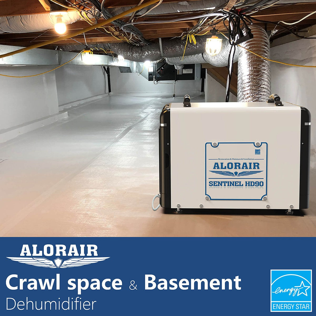 AlorAir Sentinel 90 Pint Crawl Space, Basement & Water Damage Dehumidifier - Infographic