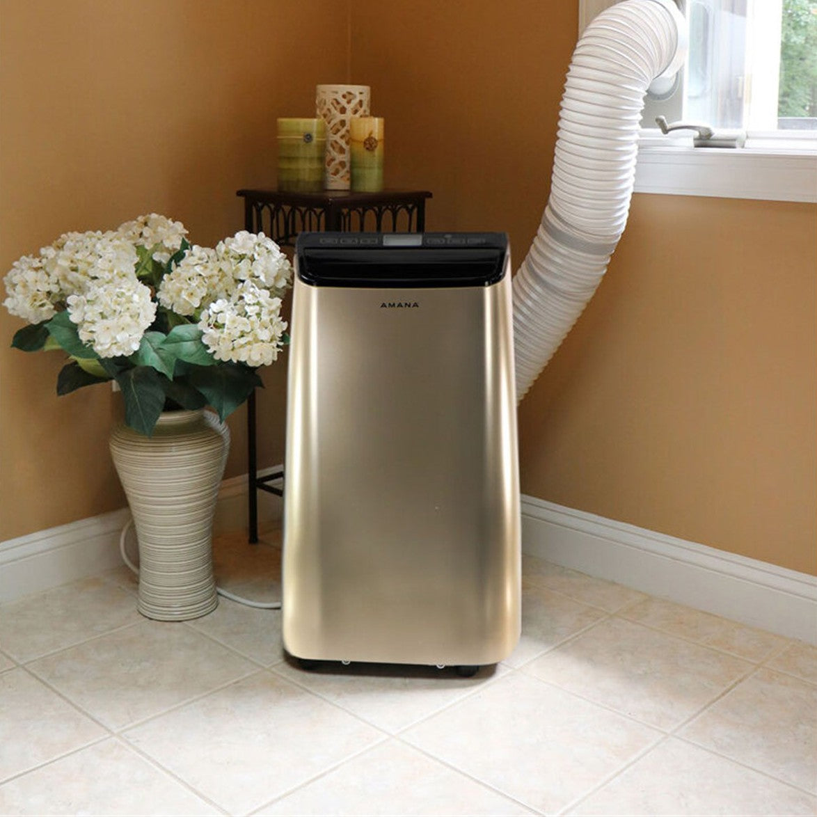 Amana 10,000 BTU Portable Air Conditioner Black/Gold in Room