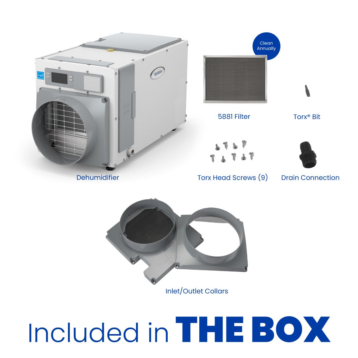 Aprilaire E100 100 Pint Energy Star Whole House Dehumidifier - In the Box Infographic