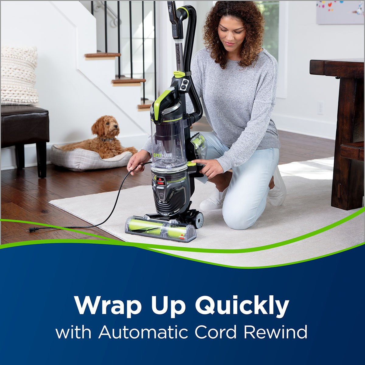 Bissell Pet Hair Eraser Turbo Rewind Vacuum - Fast automatic power cord rewind.