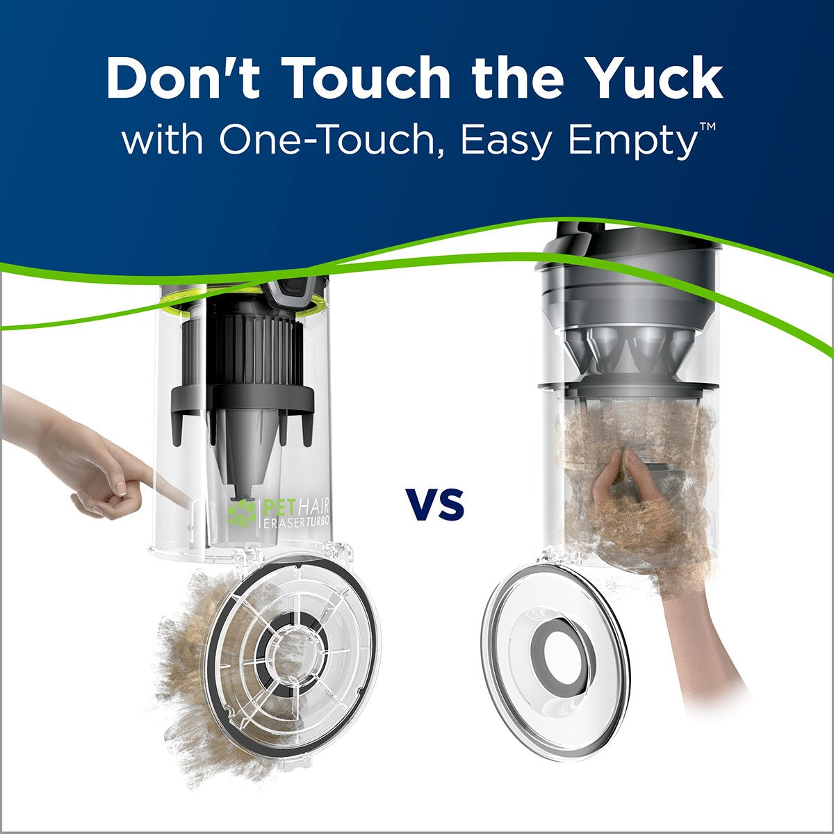 Bissell Pet Hair Eraser Turbo Rewind Vacuum - One-touch dirt bin release for emptying.