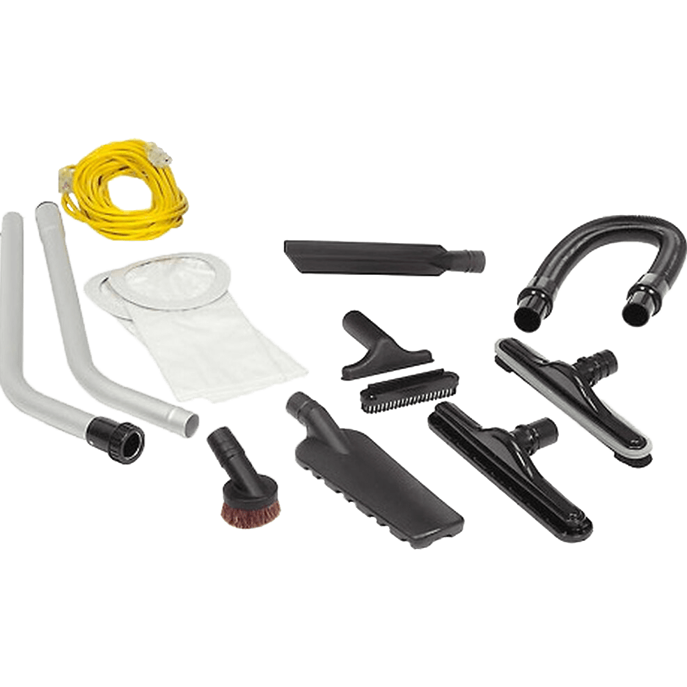 Bissell BigGreen Commercial Backpack Vacuum - Attachments include hose, wands, crevice tool, 2 floor tools, dusting brush, upholstery tool.