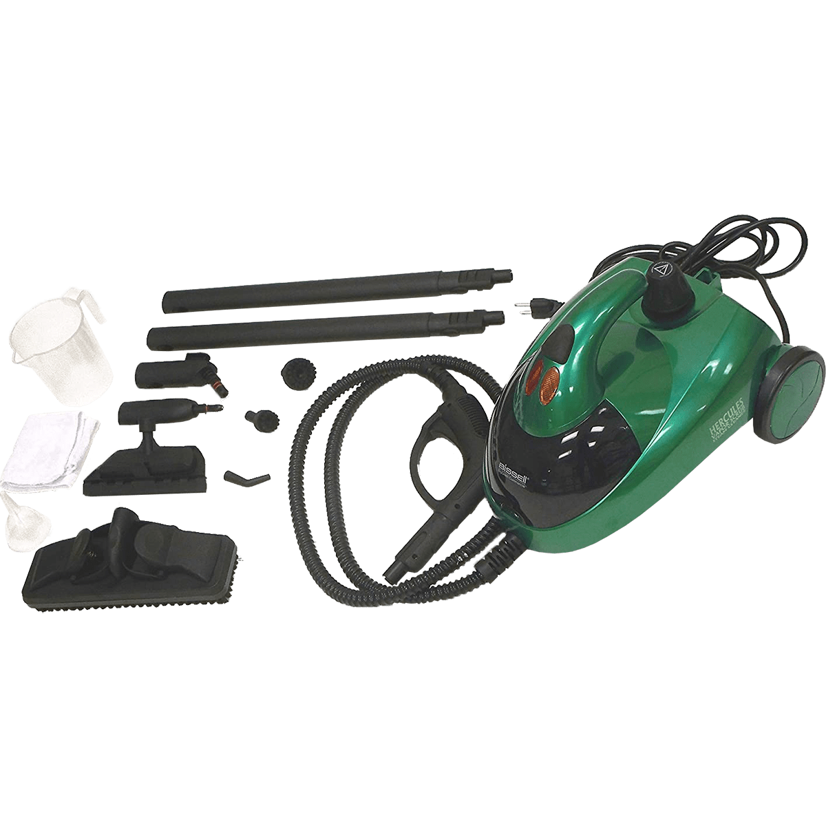Bissell BigGreen Commercial Steam Cleaner includes extendable wand, floor & window tools, nozzle with small & large brush, 2 smooth pads, 1 scrubby pad, pitcher, handle & hose