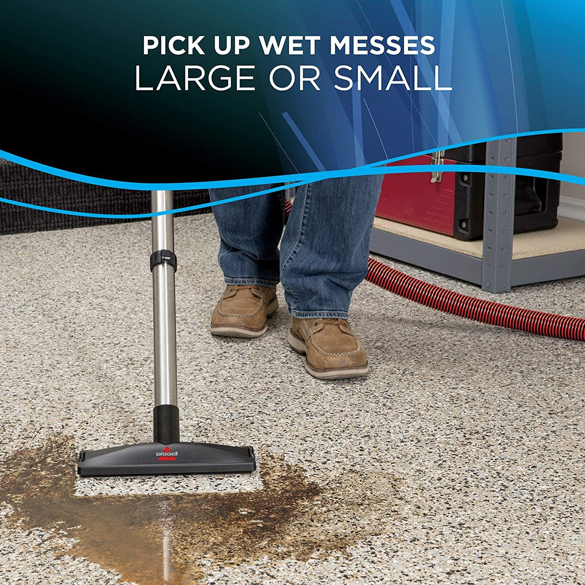 Bissell MultiClean Wet/Dry Auto Vacuum - Cleaning in Garage Graphic
