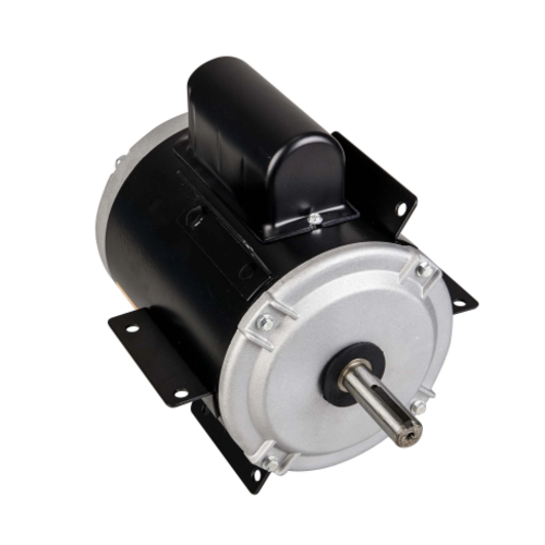 A black and silver industrial electric motor with mounting brackets and a metal output shaft, shown on a solid white background.