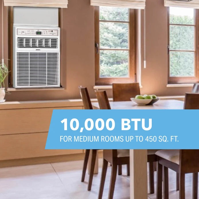 Perfect Aire 10,000 BTU Casement Window Air Conditioner in a room with a dining table and chairs, featuring 10,000 BTU text.