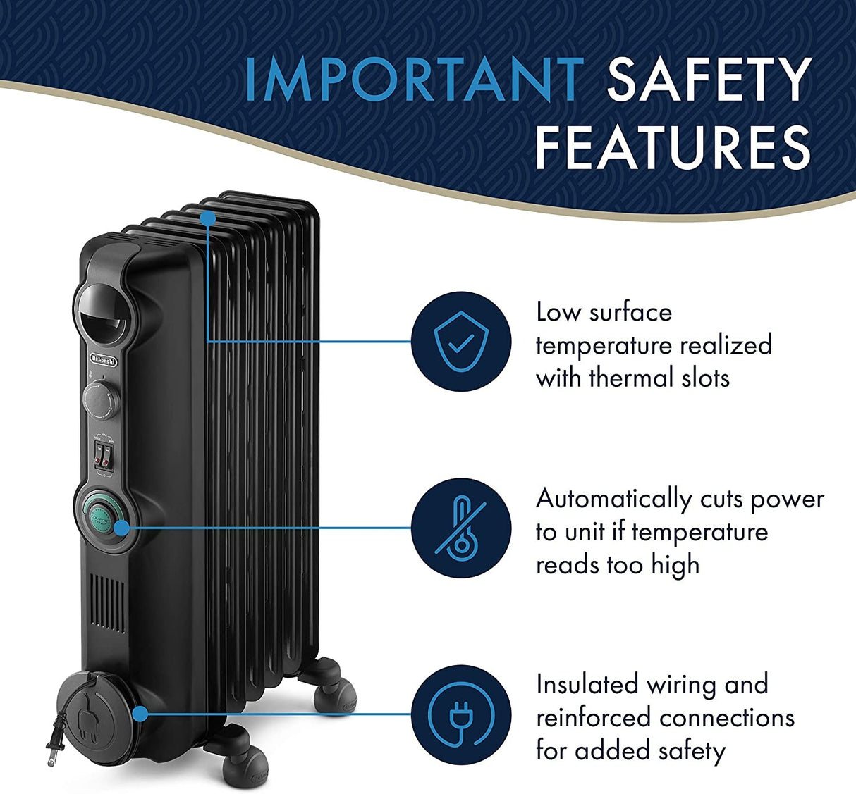 DeLonghi Comfort Temp Full Room Radiant Heater - important safety features