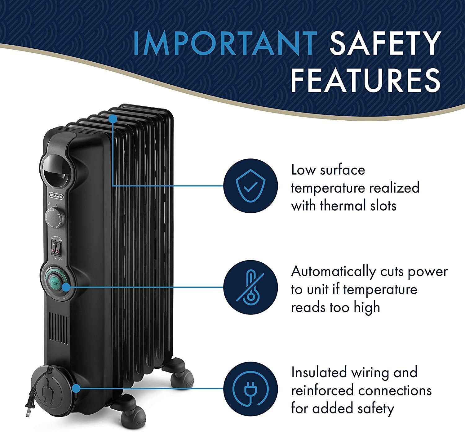 DeLonghi Comfort Temp Full Room Radiant Heater - important safety features