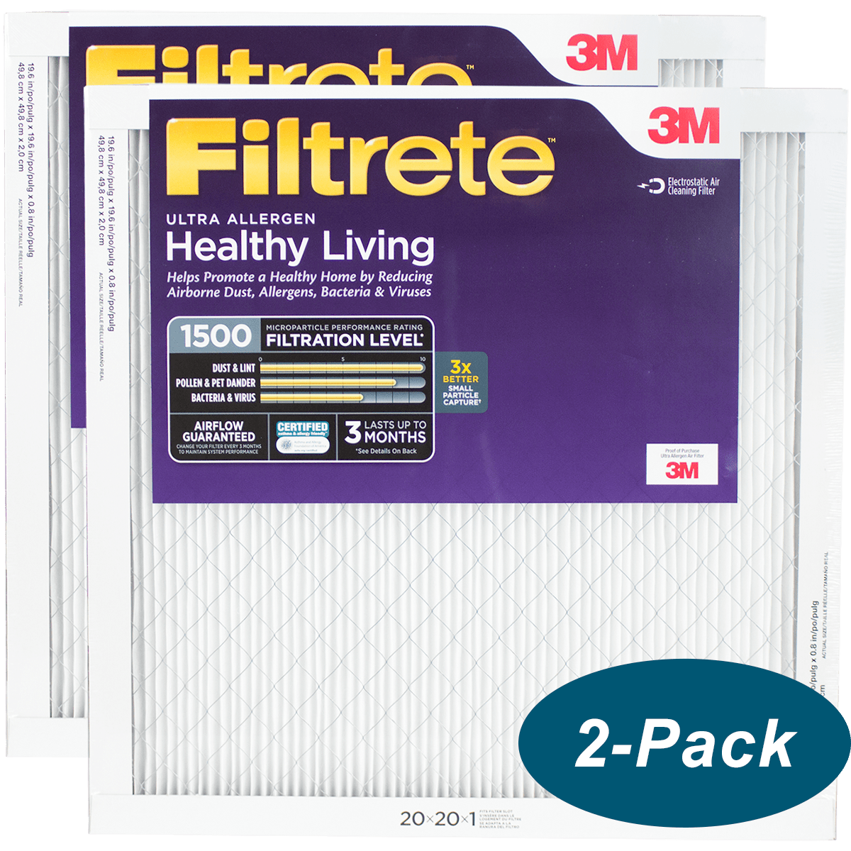 3M Filtrete Healthy Living 1500 MPR Ultra Allergen Reduction Filters 20x20x1 2-PACK