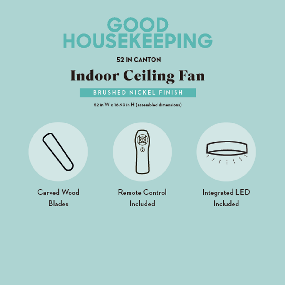 Good Housekeeping Canton 52 in. Indoor Brushed Nickel Ceiling Fan with LED Light - Infographic 1
