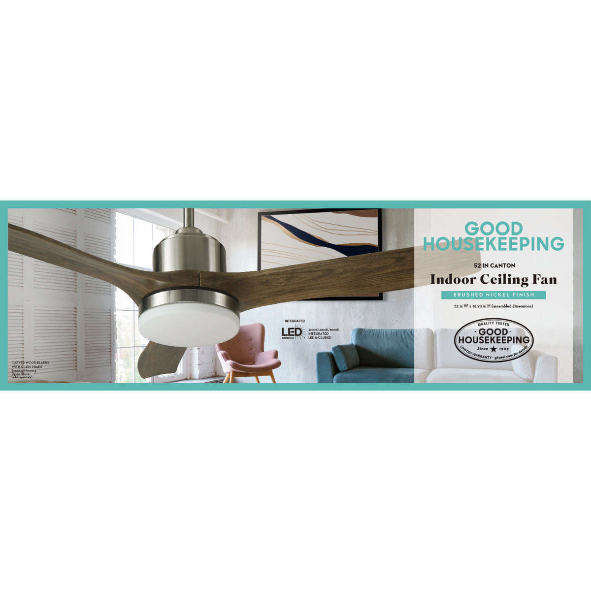 Good Housekeeping Canton 52 in. Indoor Brushed Nickel Ceiling Fan with LED Light - Infographic 2