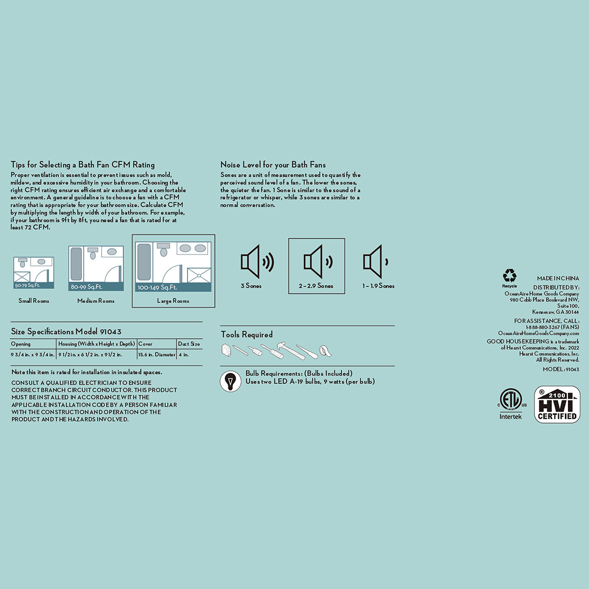 Good Housekeeping Crystal 100 CFM 2.0 Sones Decorative Bathroom Exhaust Fan w/ Light - Infographic 4