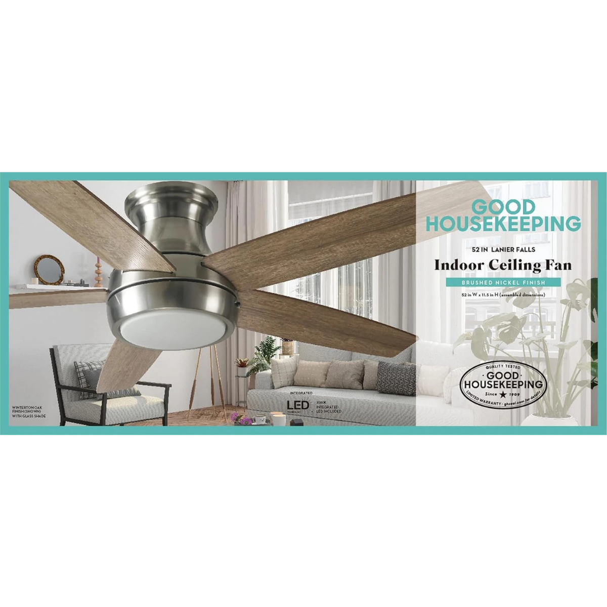 Good Housekeeping Lanier Falls 52 in. Indoor Brushed Nickel Ceiling Fan with LED Light - Infographic 2