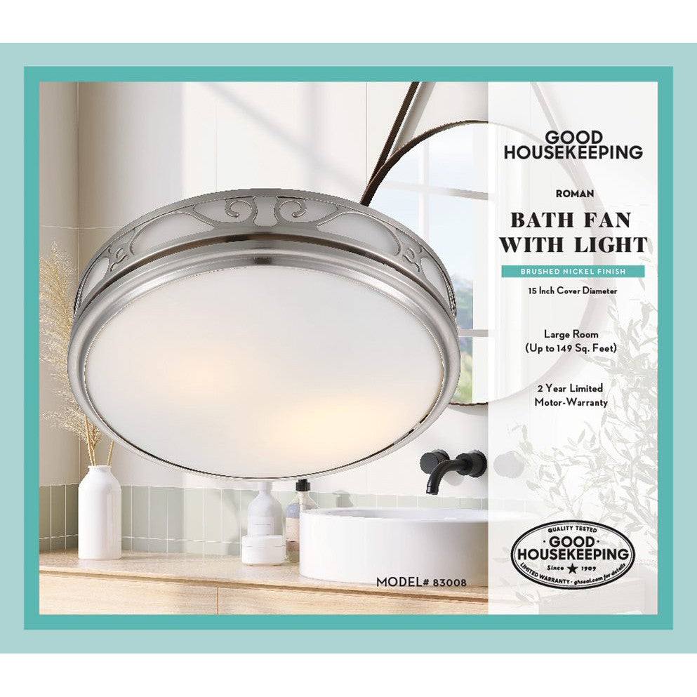 Good Housekeeping Roman 110 CFM Decorative Bathroom Fan - Brushed Nickel - Infographic