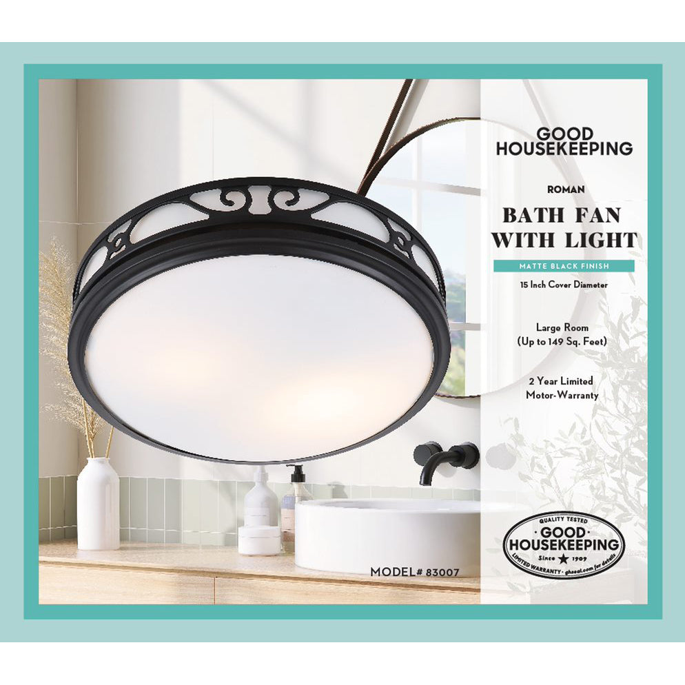 Good Housekeeping Roman 110 CFM Decorative Bathroom Fan - Matte Black - Infographic