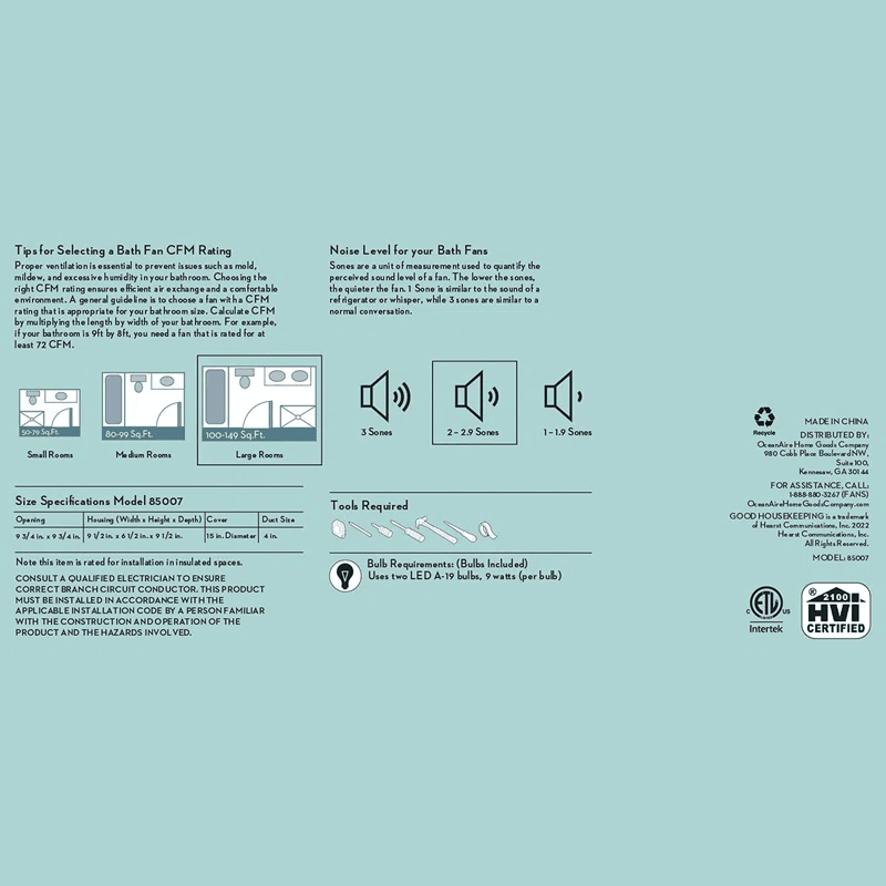 Good Housekeeping Roman II 2.0 Sones 110 CFM Decorative Bath Fan Black - Infographic 3