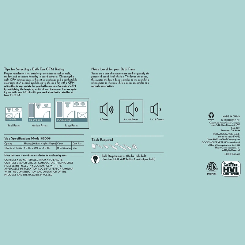Good Housekeeping Roman II 2.0 Sones 110 CFM Decorative Bath Fan Nickel - Infographic 3