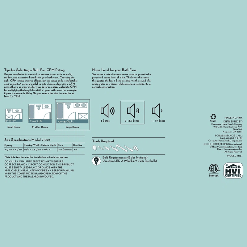 Good Housekeeping Sydney 110 CFM Decorative Bath Fan Brushed Nickel - Infographic 3