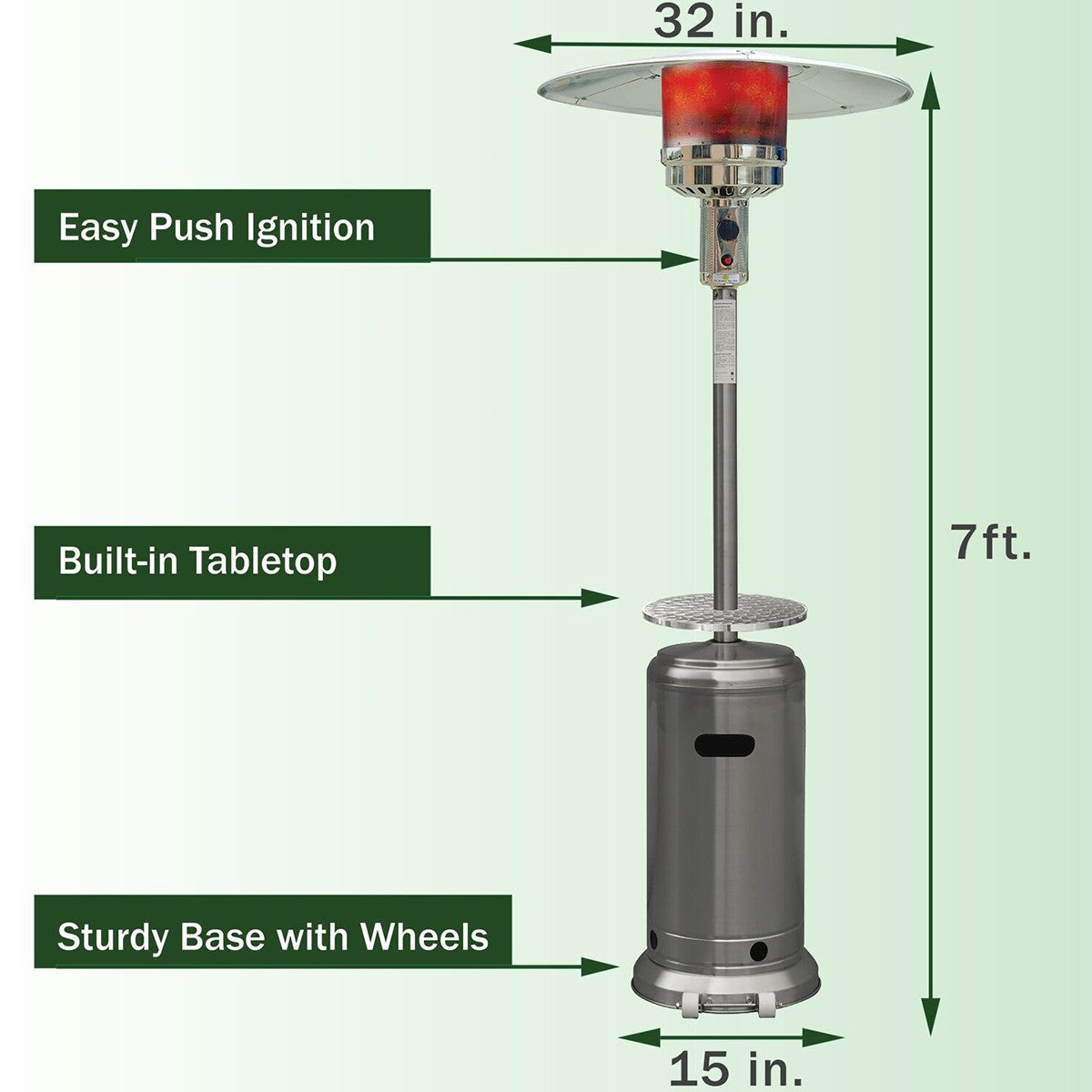 Hanover HAN003SS 48,000 BTU Umbrella Propane Patio Heater - Stainless Steel Features include esy push ignition, built-in tabletop, sturdy base and wheels.