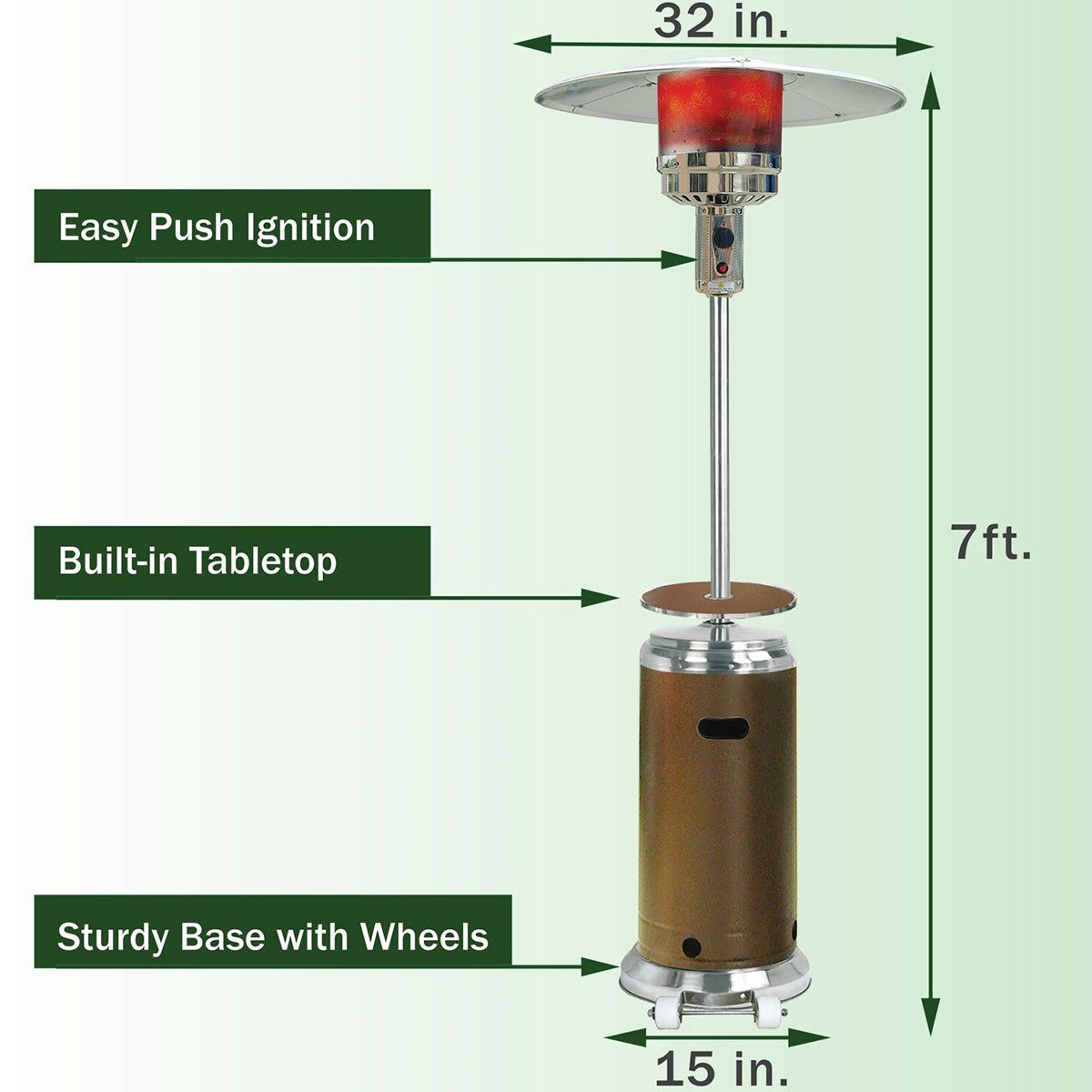 Hanover 48,000 BTU Steel Umbrella Propane Patio Heater - Bronze/Stainless Steel Features Easy push ignition, built-in tabletop, and easy-roll wheels.