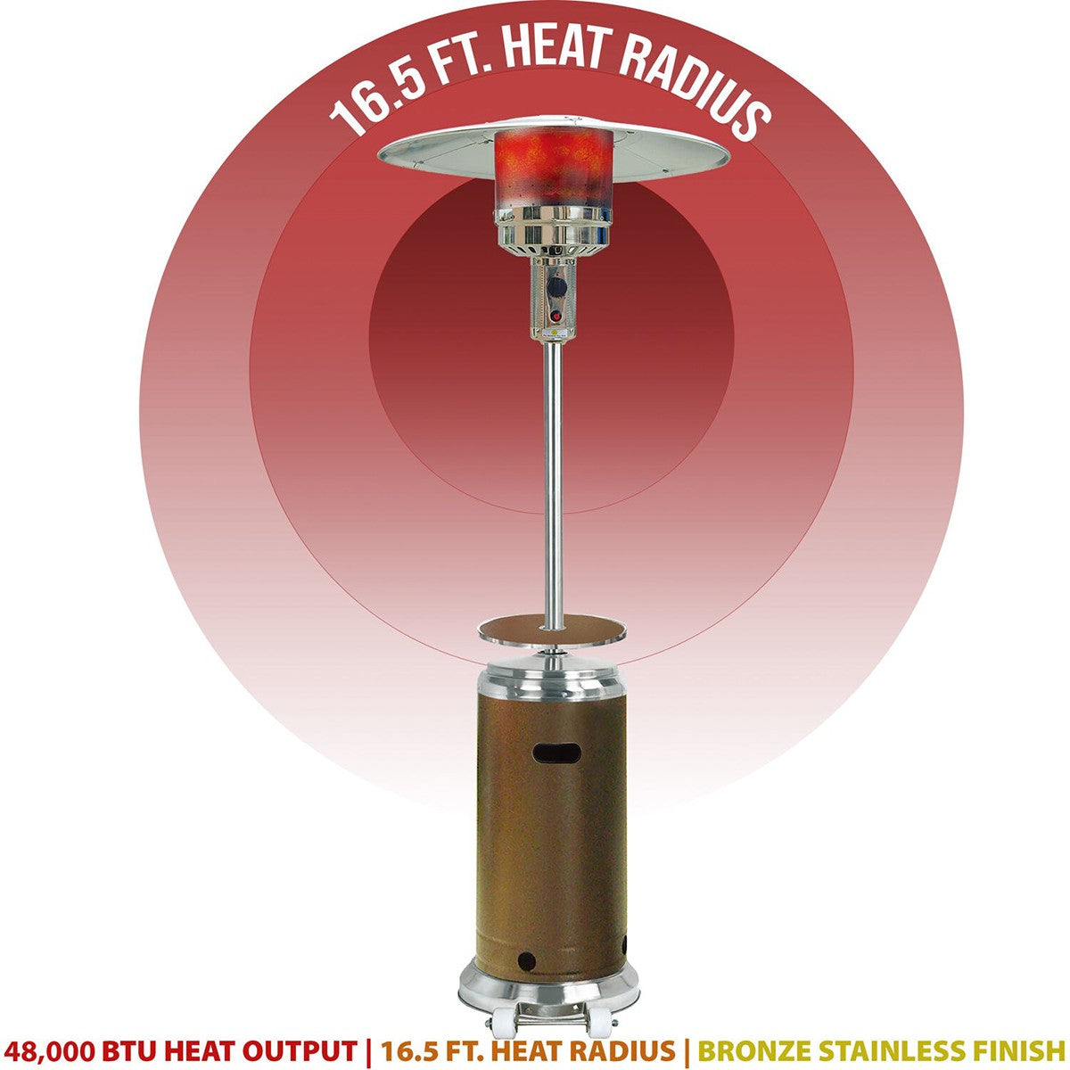 Hanover 48,000 BTU Steel Umbrella Propane Patio Heater - Bronze/Stainless Steel - Provides a heating radius of 16.5 feet.