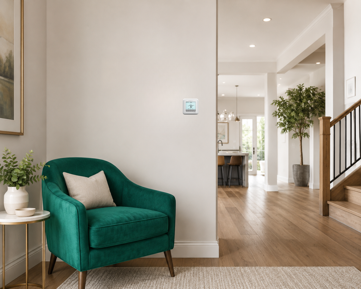 Honeywell Home T6 Pro Programmable Thermostat on the wall behind green armchair in a modern living room.