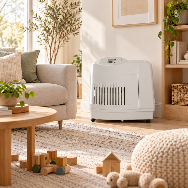 An AIRCARE MA1201 3.6 Gal. Evaporative Whole-House Console Humidifier in a light and bright living room with play area.