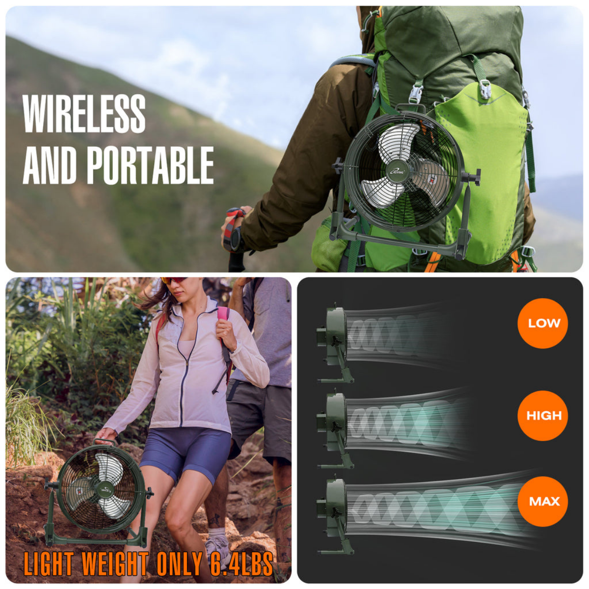 Portable fan attached to a backpack with hiking scenes and fan settings displayed.