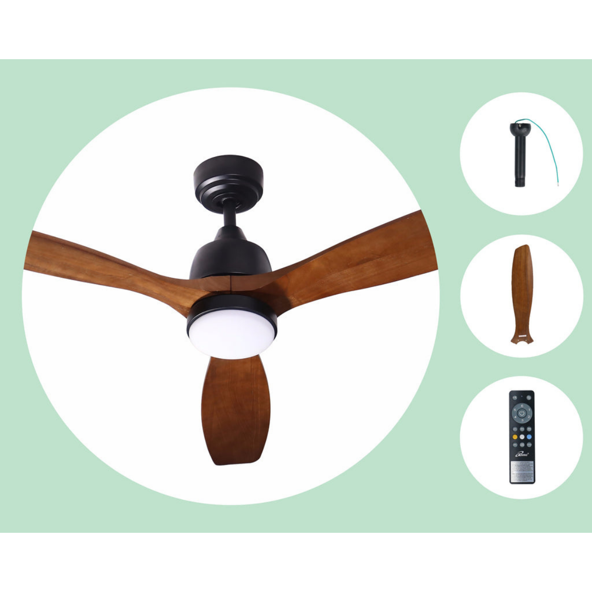 iLiving ILG8CF60WD-LED 60In. 6 Speed 3 Blade Solid Wood Ceiling Fan with LED and Remote - Components