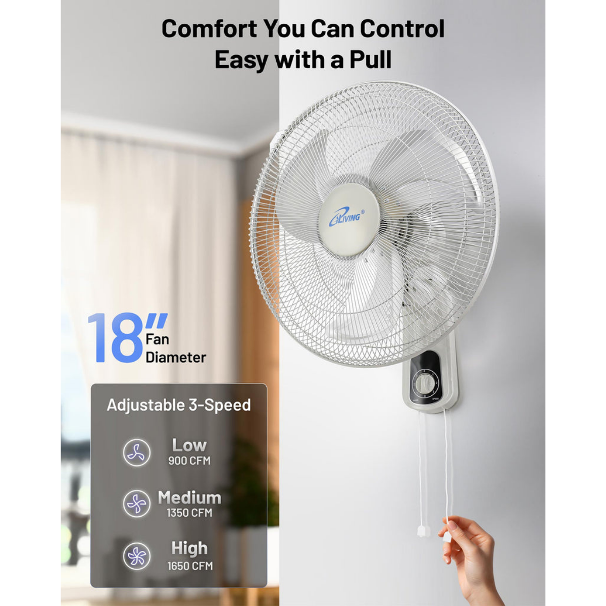 iLiving ILG8IN18X Glow 18-In 3 Speed Oscillating Wall Mount Fan - Infographic 3