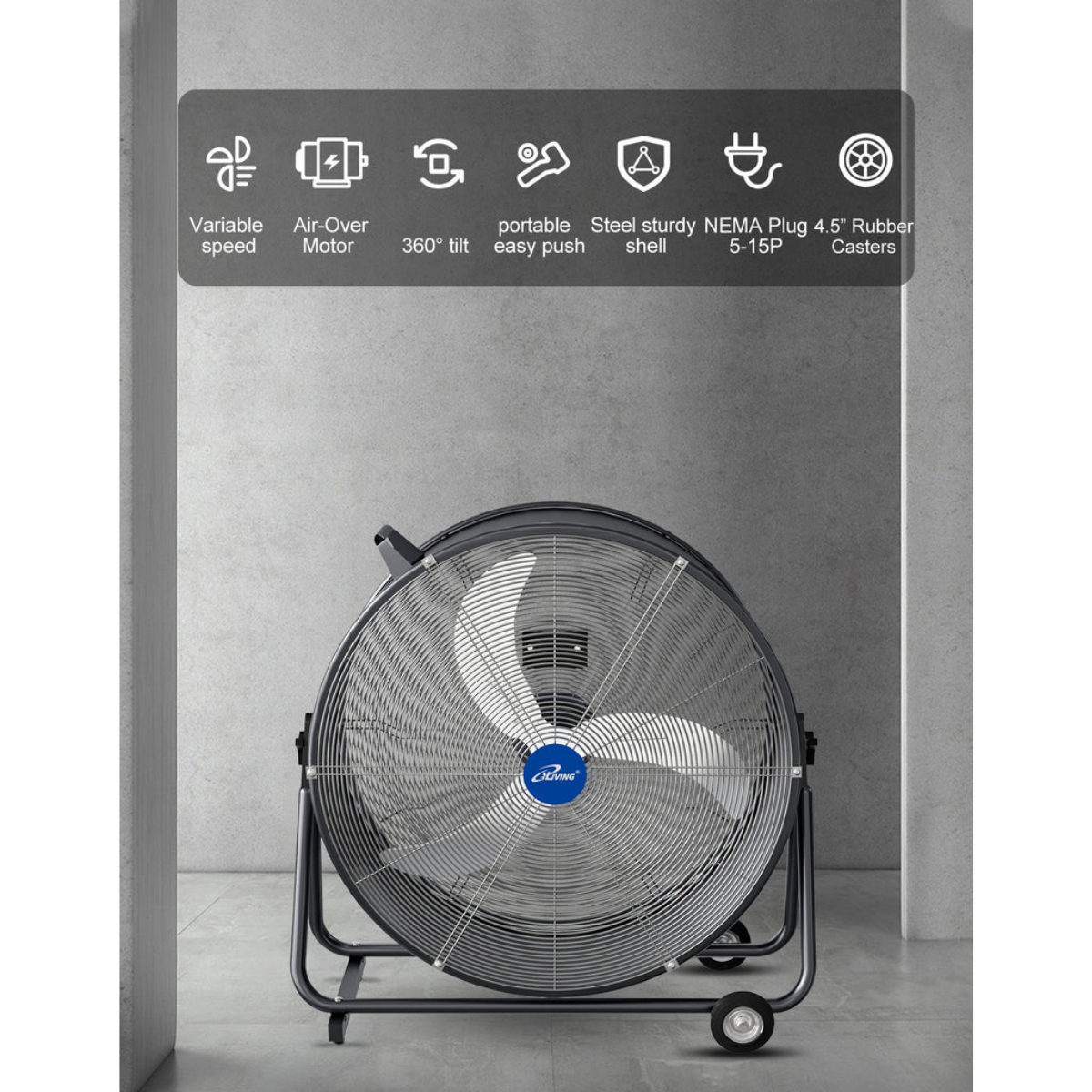 iLiving ILG8MF30-83 30-In 3 Speed 8300 CFM Portable High Velocity Industrial/Commercial Drum Fan - Infographic 1