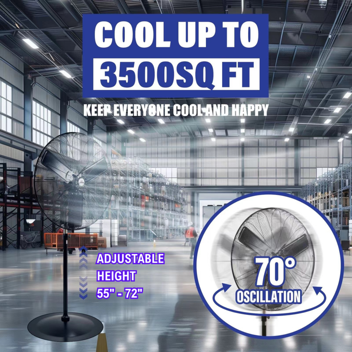iLiving ILG8P31-93 30-In 3 Speed 8400 CFM Adjustable Height Commercial Oscillating Pedestal Fan - Infographic 2