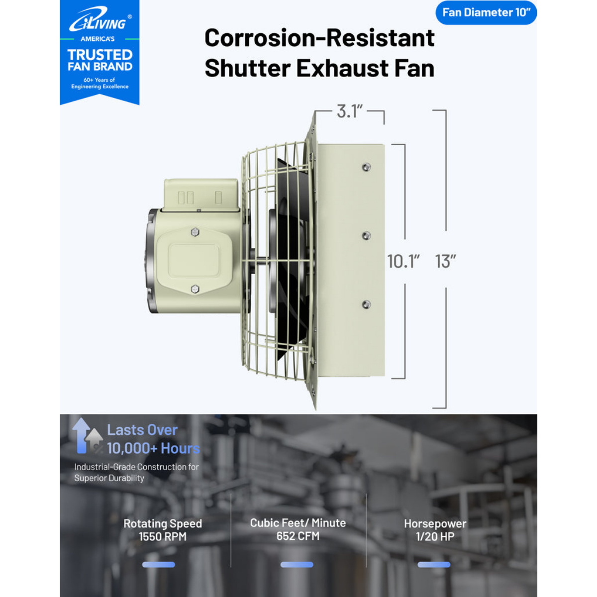 iLiving ILG8SFS-CR Corrosion Resistant Single Speed Shutter Exhaust Fan 10-in - Dimensions