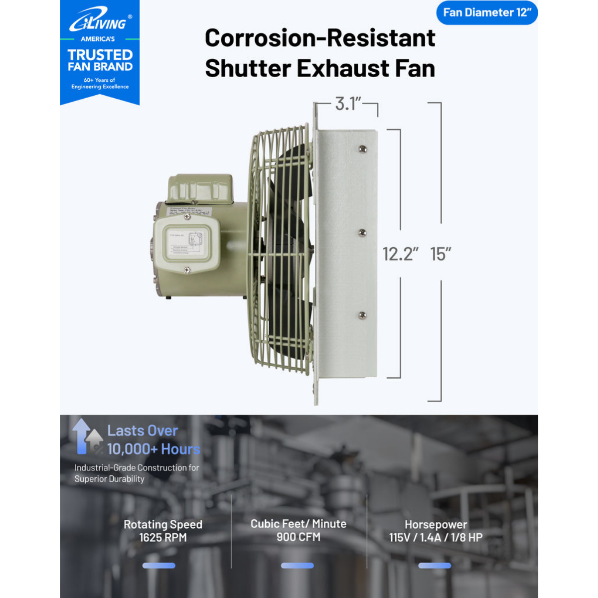 iLiving ILG8SFS-CR Corrosion Resistant Single Speed Shutter Exhaust Fan 12-in - Dimensions