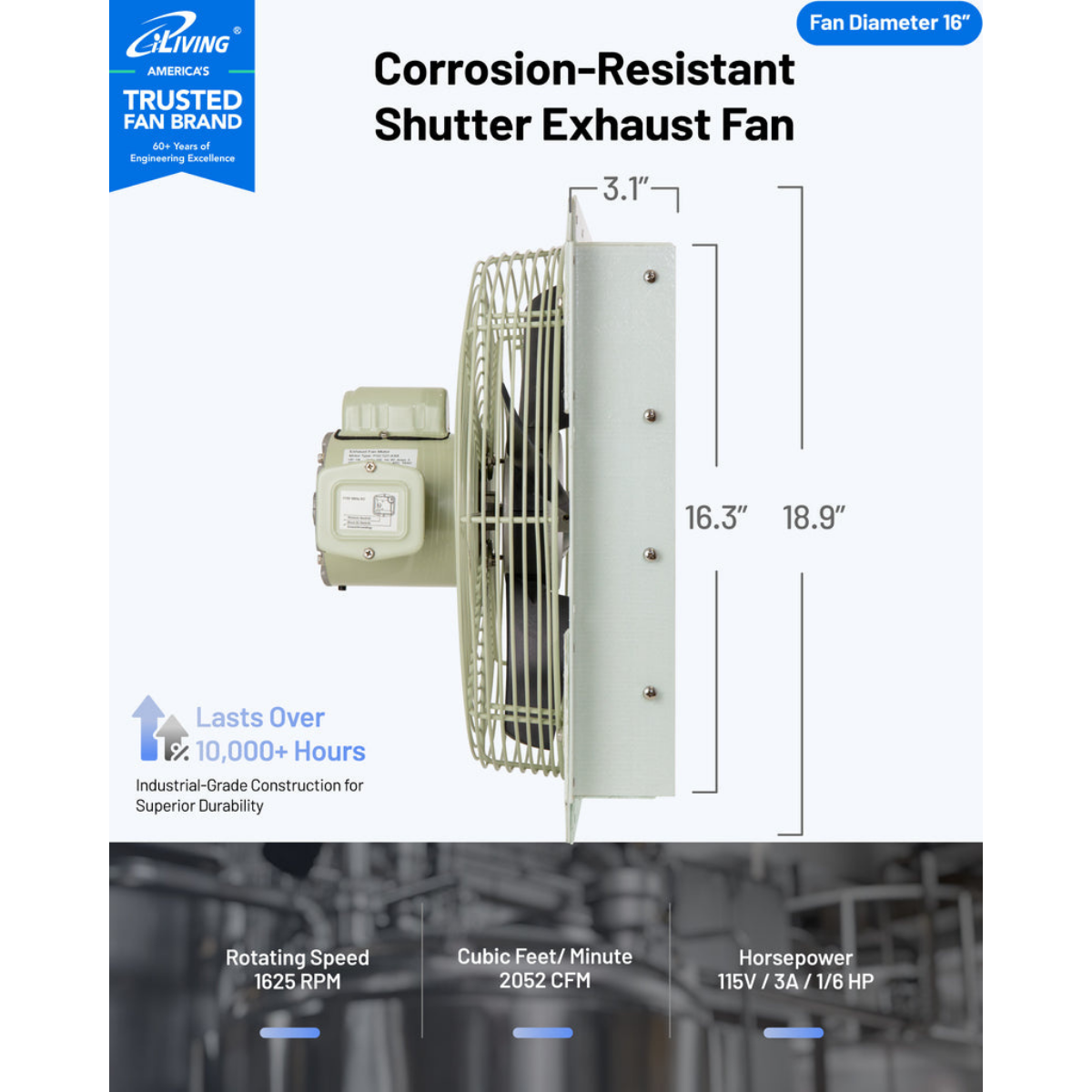iLiving ILG8SFS-CR Corrosion Resistant Single Speed Shutter Exhaust Fan 16-in - Dimensions