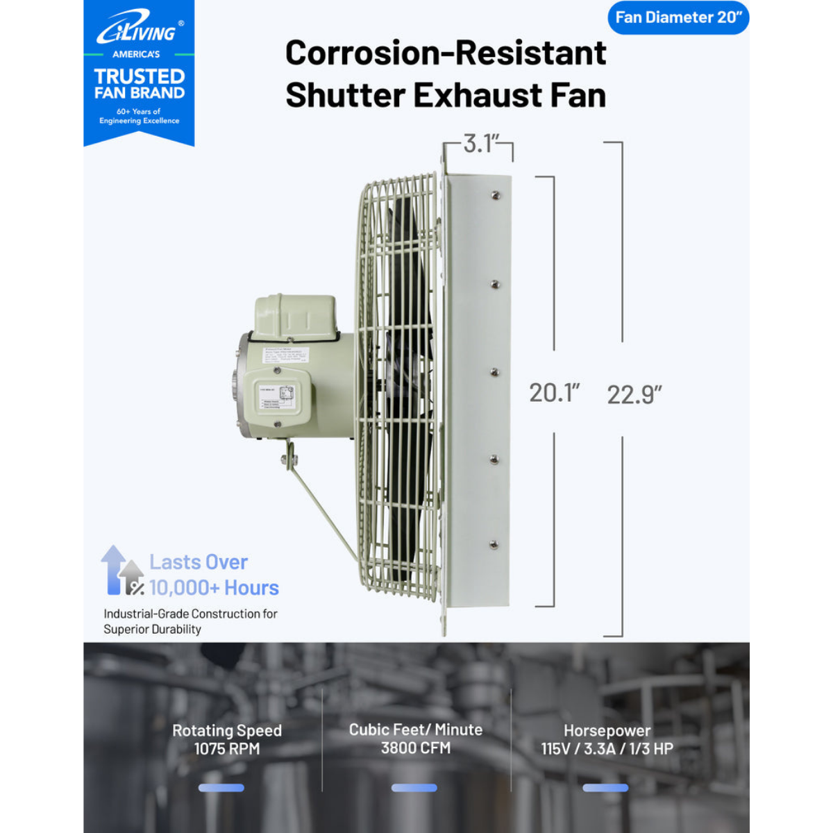 iLiving ILG8SFS-CR Corrosion Resistant Single Speed Shutter Exhaust Fan 20-in - Dimensions