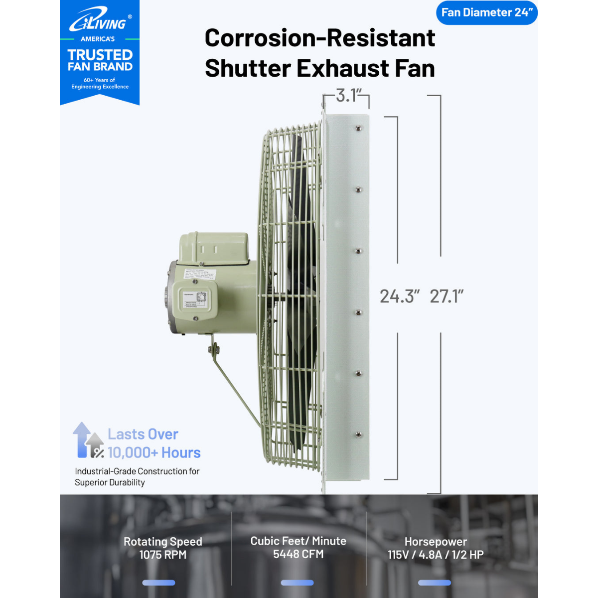 iLiving ILG8SFS-CR Corrosion Resistant Single Speed Shutter Exhaust Fan 24-in - Dimensions