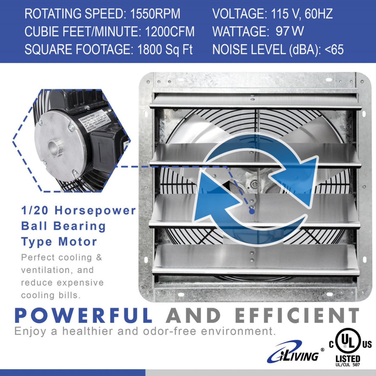 iLiving ILG8SFV-ST Shutter Exhaust Fan 16-in - Infographic