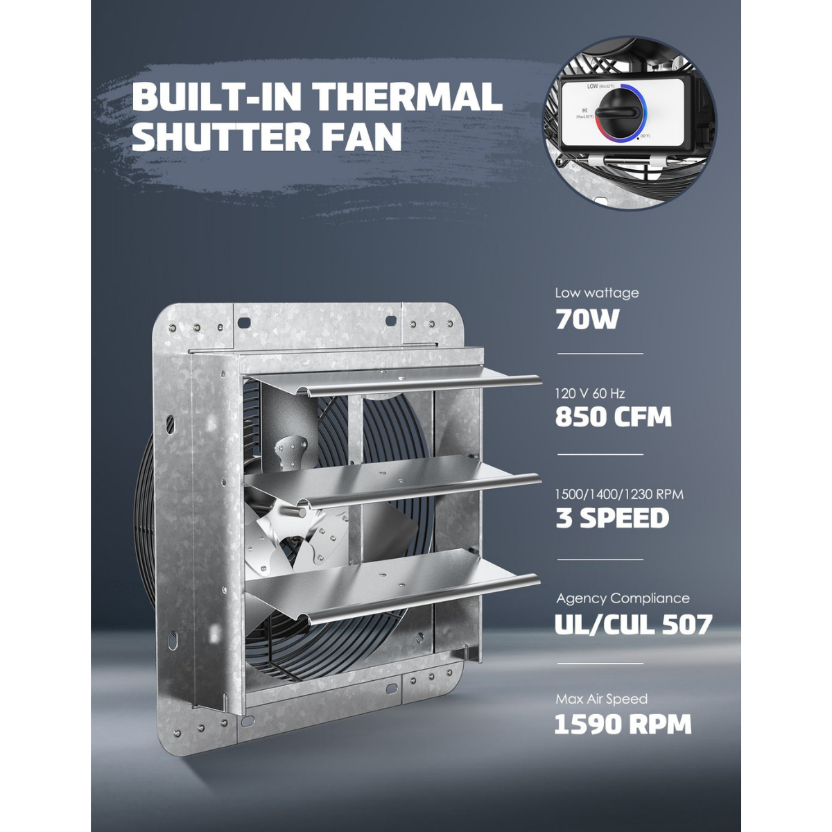 iLiving ILG8SFV-T with Speed Thermostat Control Shutter Exhaust Fan 14-in - Dimensions