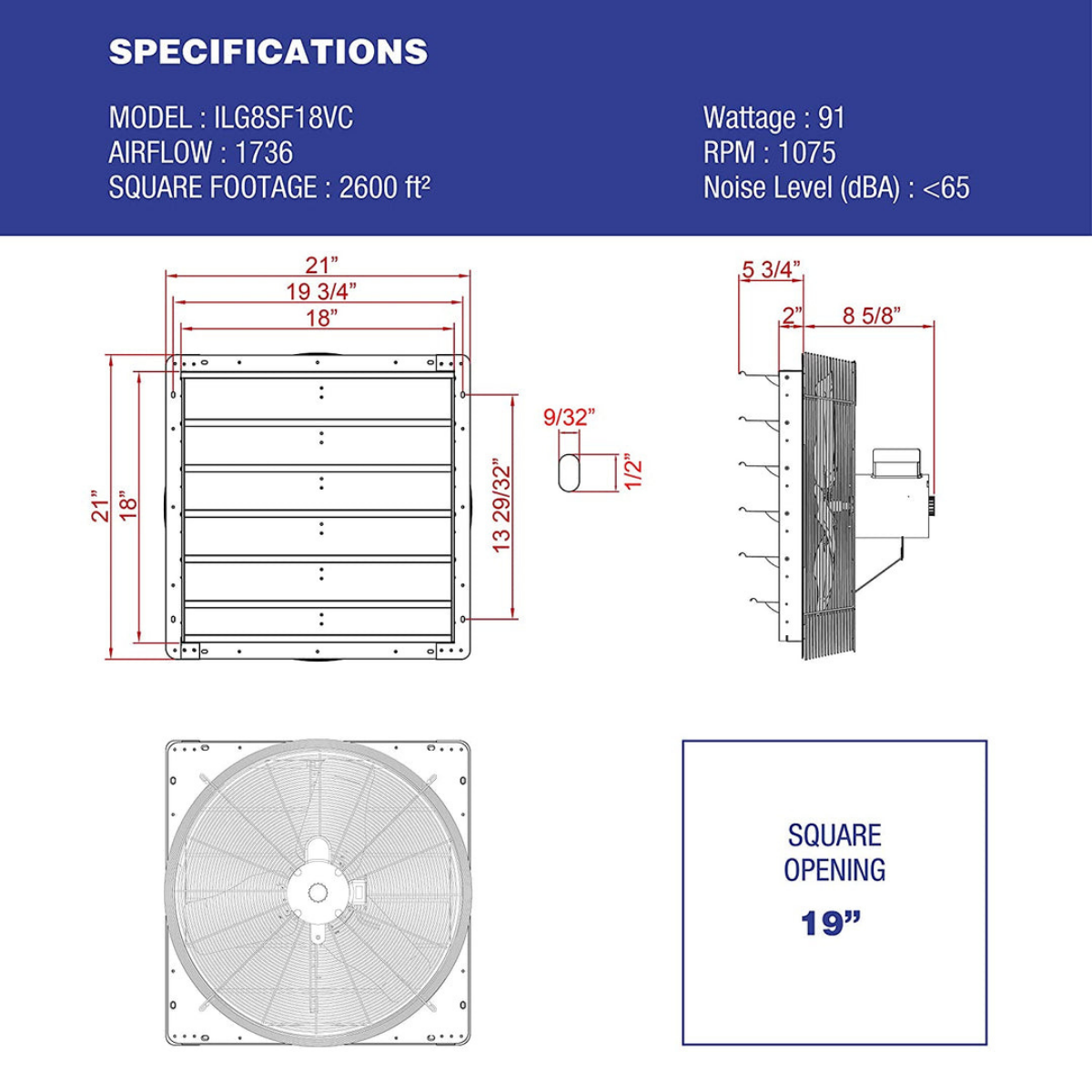 iLiving ILG8SFVC Shutter Exhaust Fan 18-in - Dimensions