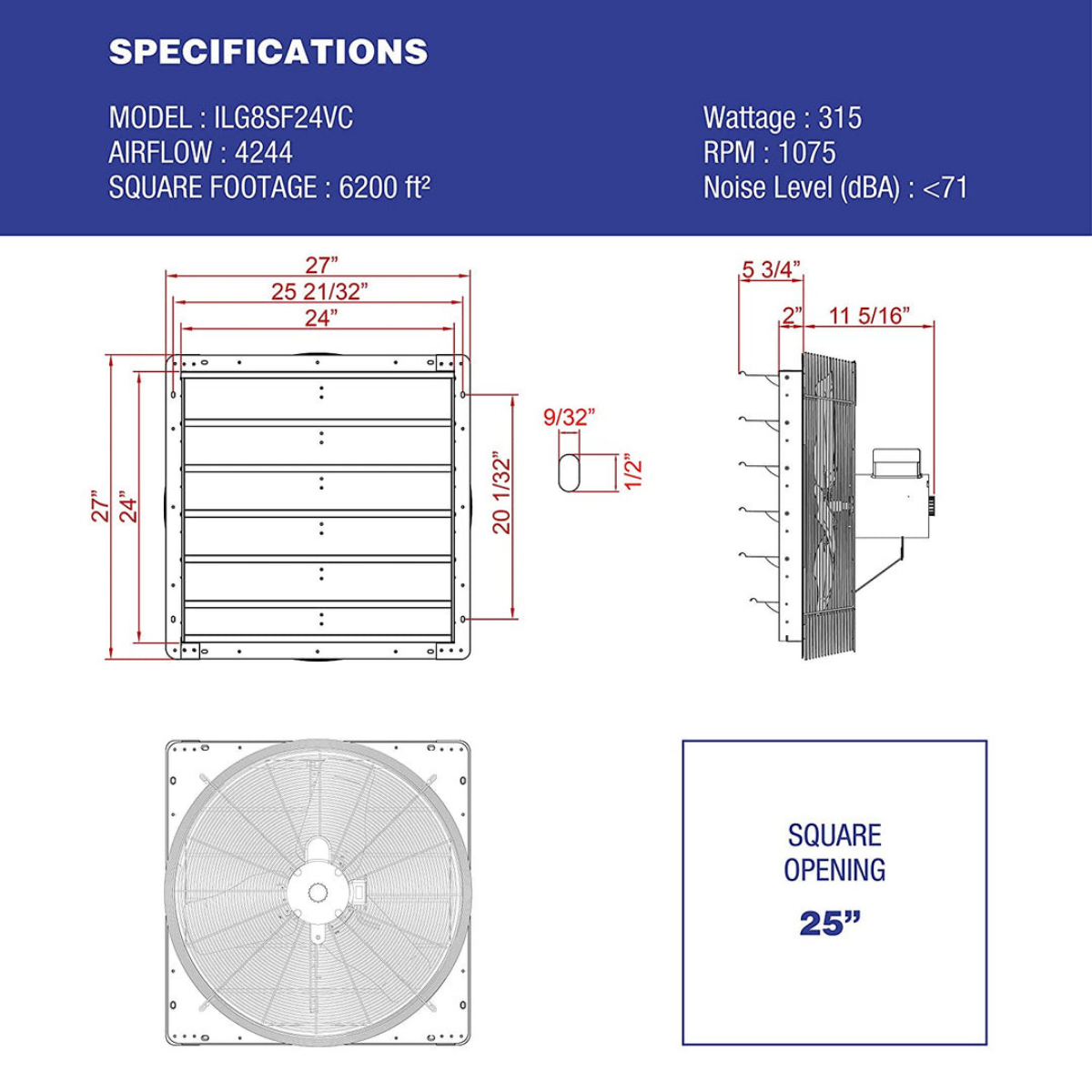 iLiving ILG8SFVC Shutter Exhaust Fan 24-in - Dimensions