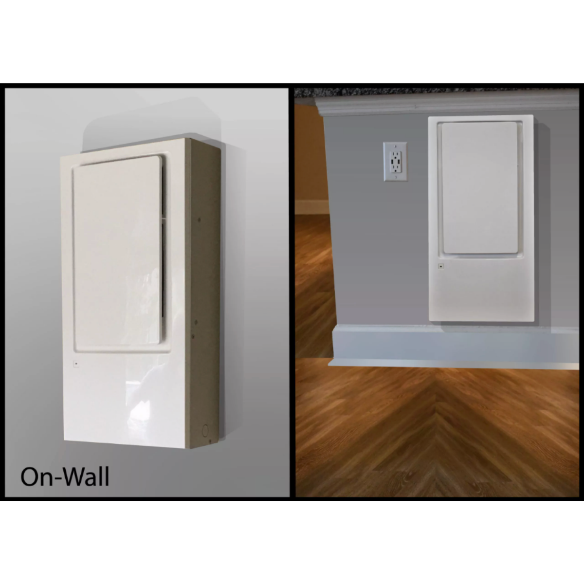 An on-wall electrical outlet cover shown in a split view: a close-up of the white rectangular cover on the left labeled 'On-Wall,' and a room scene on the right showing the cover installed on a gray wall above a wood floor.