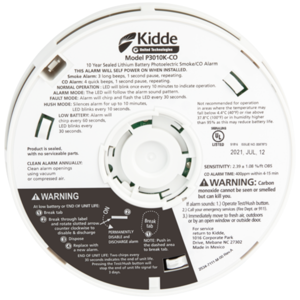 Kidde P3010K-CO Smoke & Carbon Monoxide Alarm w/ 10-Year Lithium Battery - Back