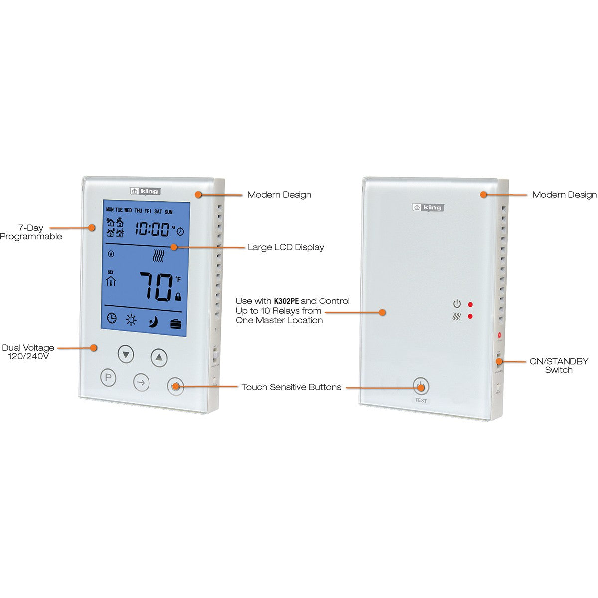 King Electric ClearTouch K302PE Programmable Thermostat - Features Graphic