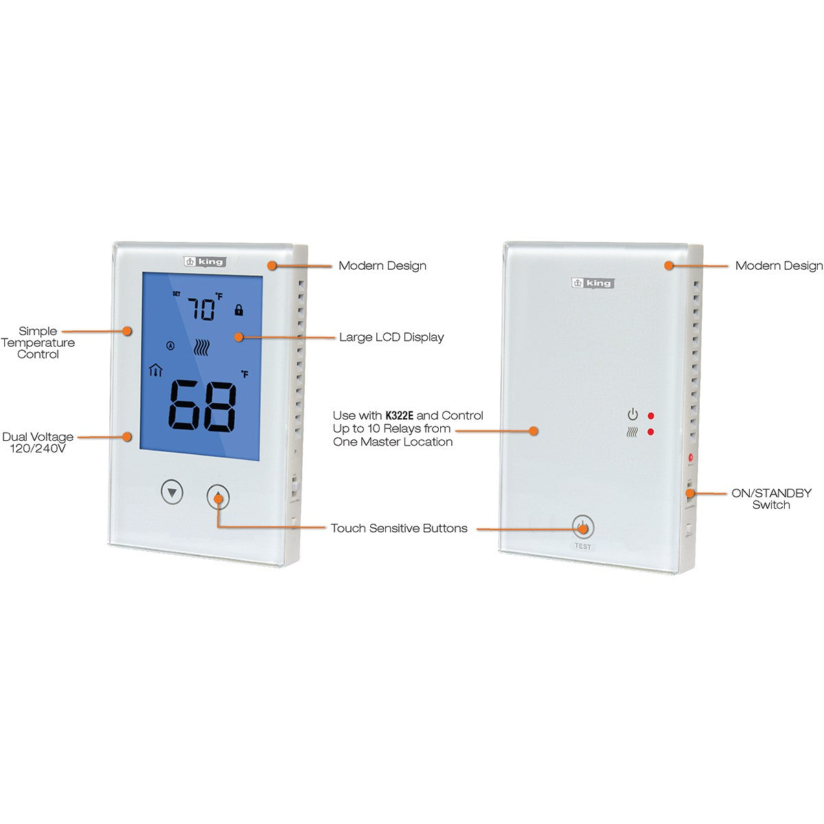 King Electric ClearTouch K322E Non-Programmable Thermostat - Features Graphic