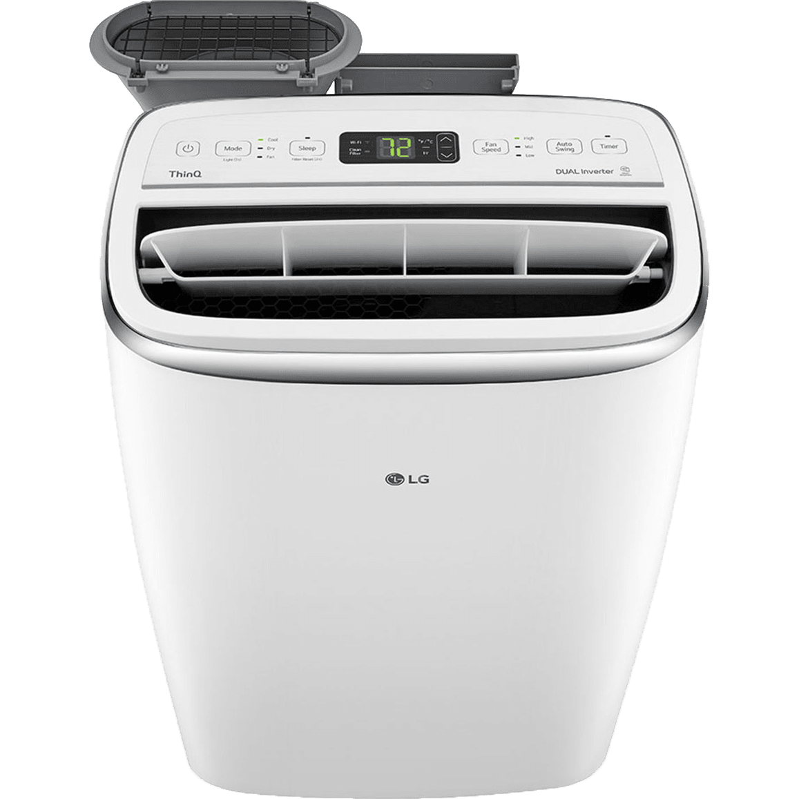 LG 10,000 BTU Dual Inverter Portable Air Conditioner w/ Wi-Fi - Top Angle View with Air Vent Open