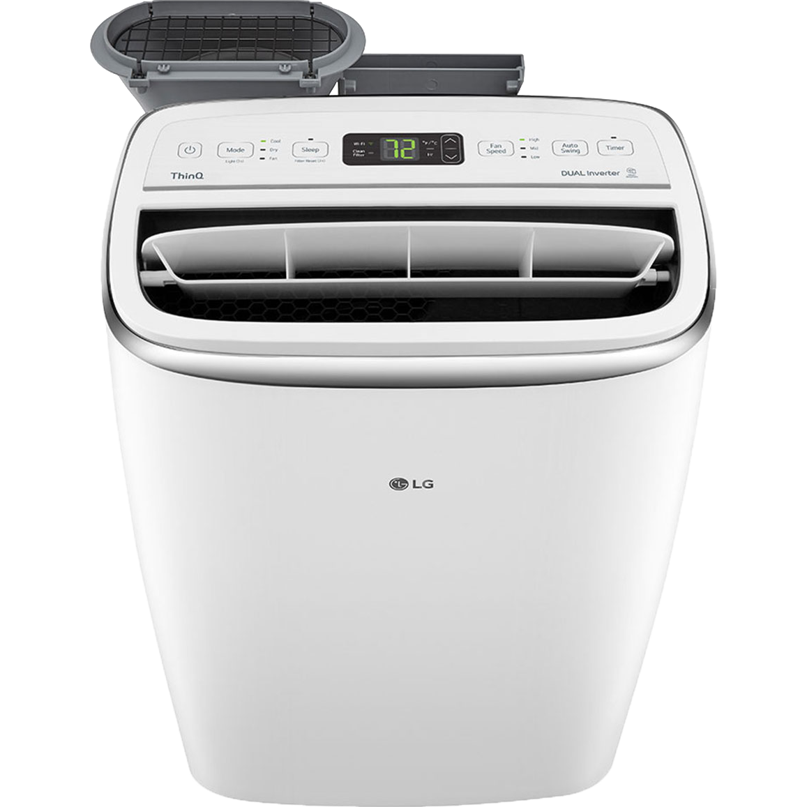 LG 10,000 BTU Dual Inverter Portable Air Conditioner w/ Wi-Fi - Top Angle View with Air Vent Open
