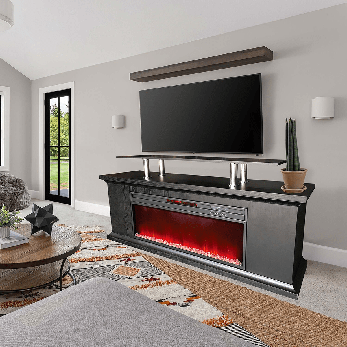 Lifesmart 72-in Fireplace with TV Stand - Faux Glass Beads - Lifestyle