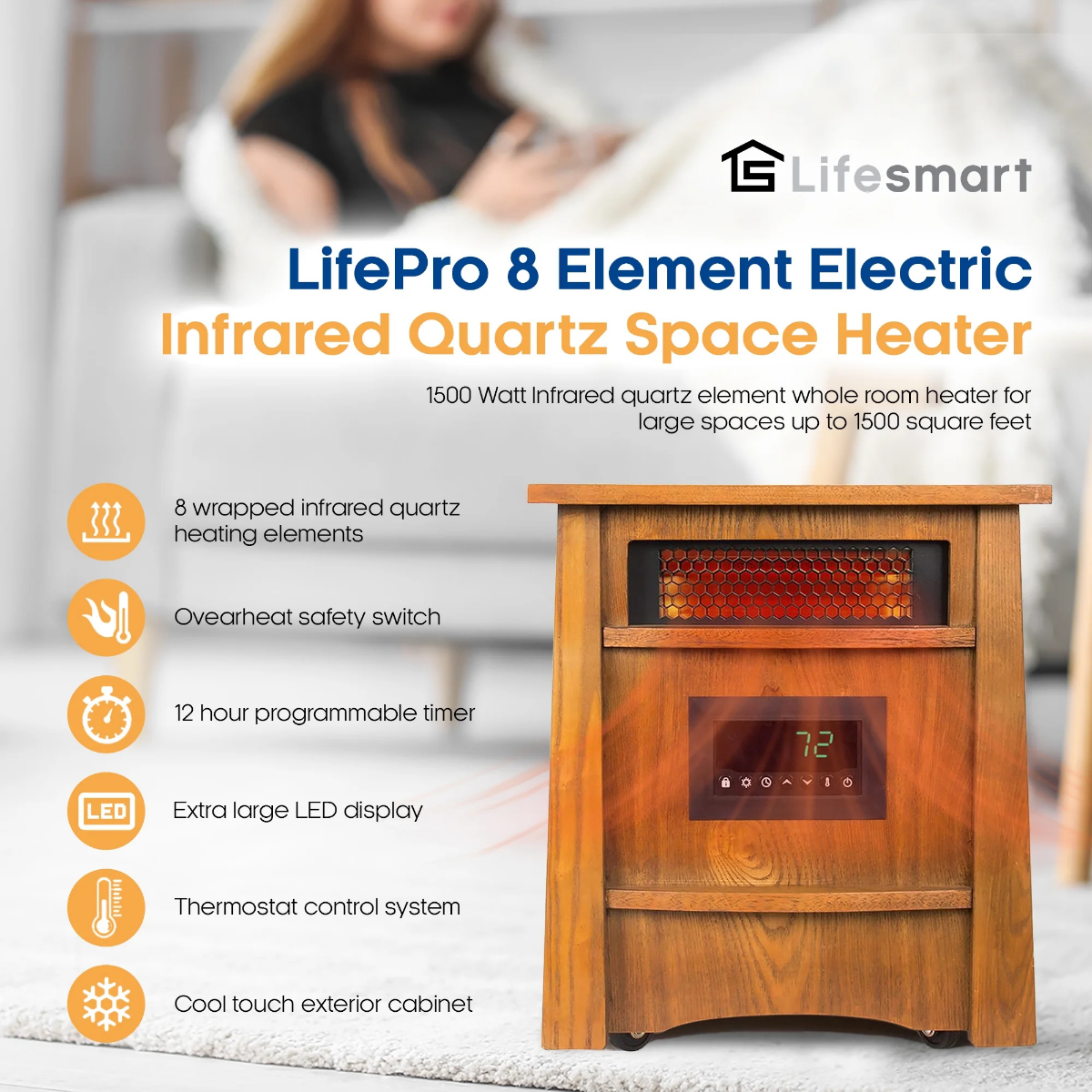 LifeSmart Infrared Heater Wood Cabinet 8 Element - Infographic 1